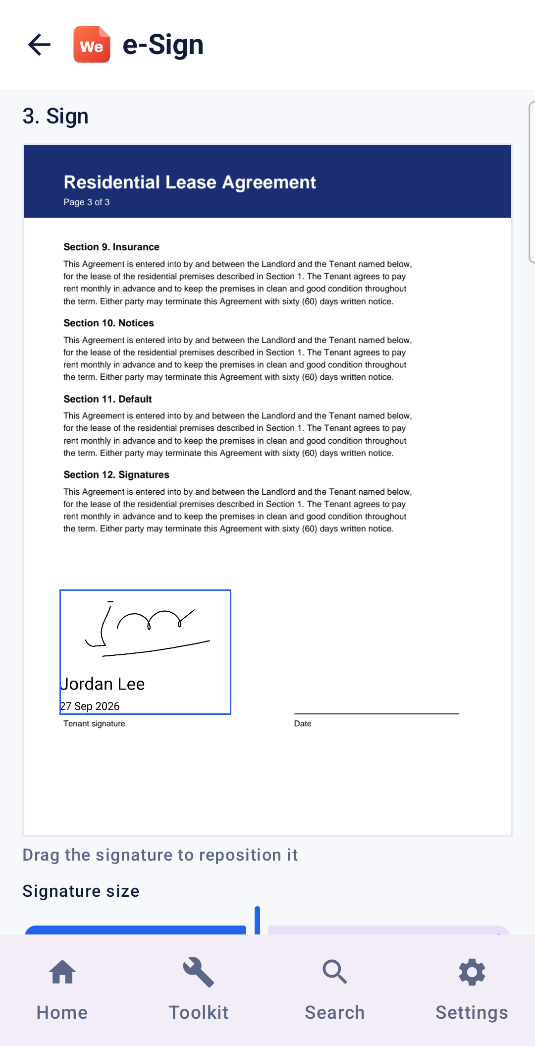 e-Sign screen placing a signature on a document page