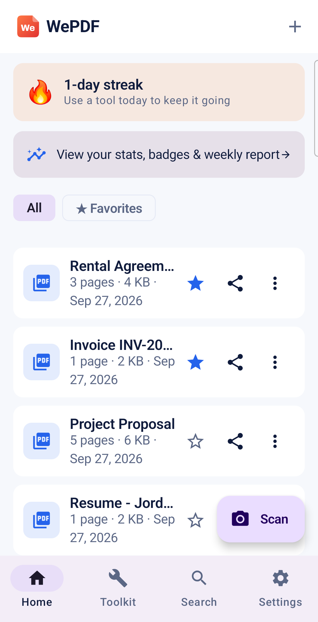 WePDF Home screen listing your PDF library — your library, streak, and the + button to import