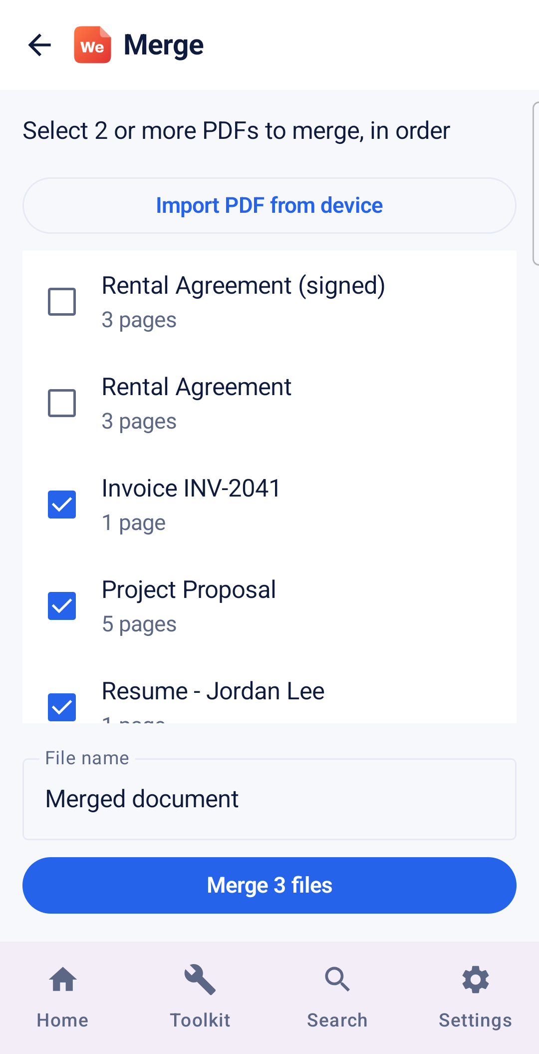 Merge screen with three PDFs selected in order
