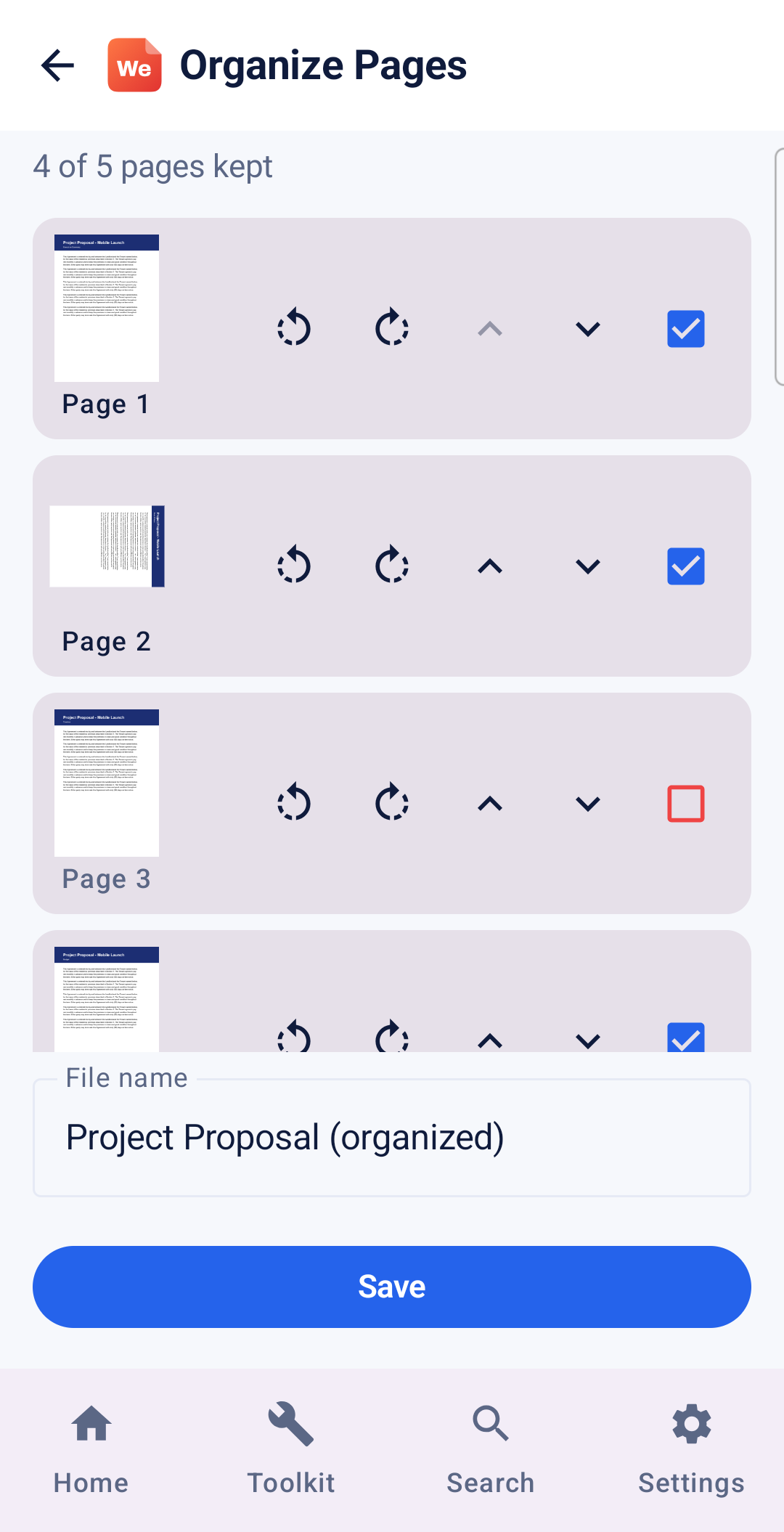 Organize Pages screen for rotating, reordering, and removing pages