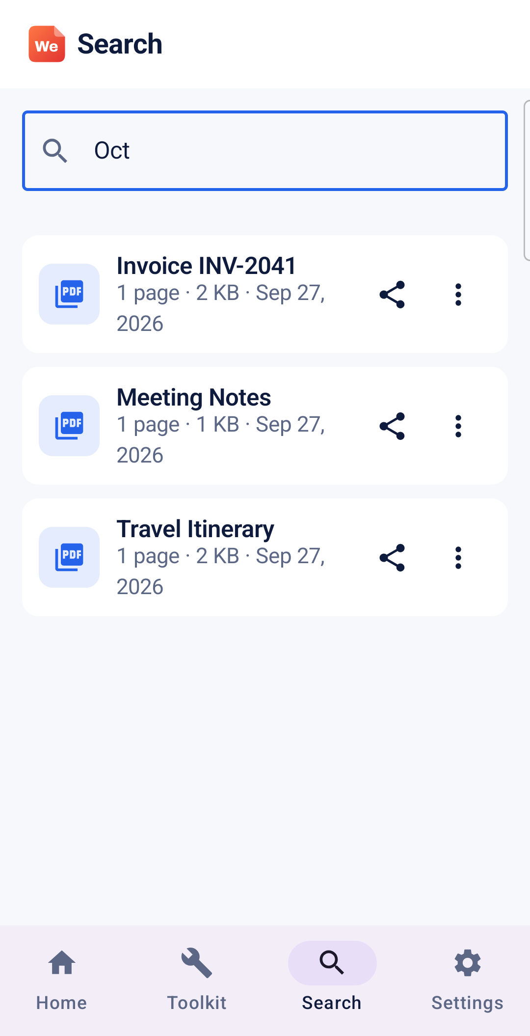 Search screen for titles and scanned text