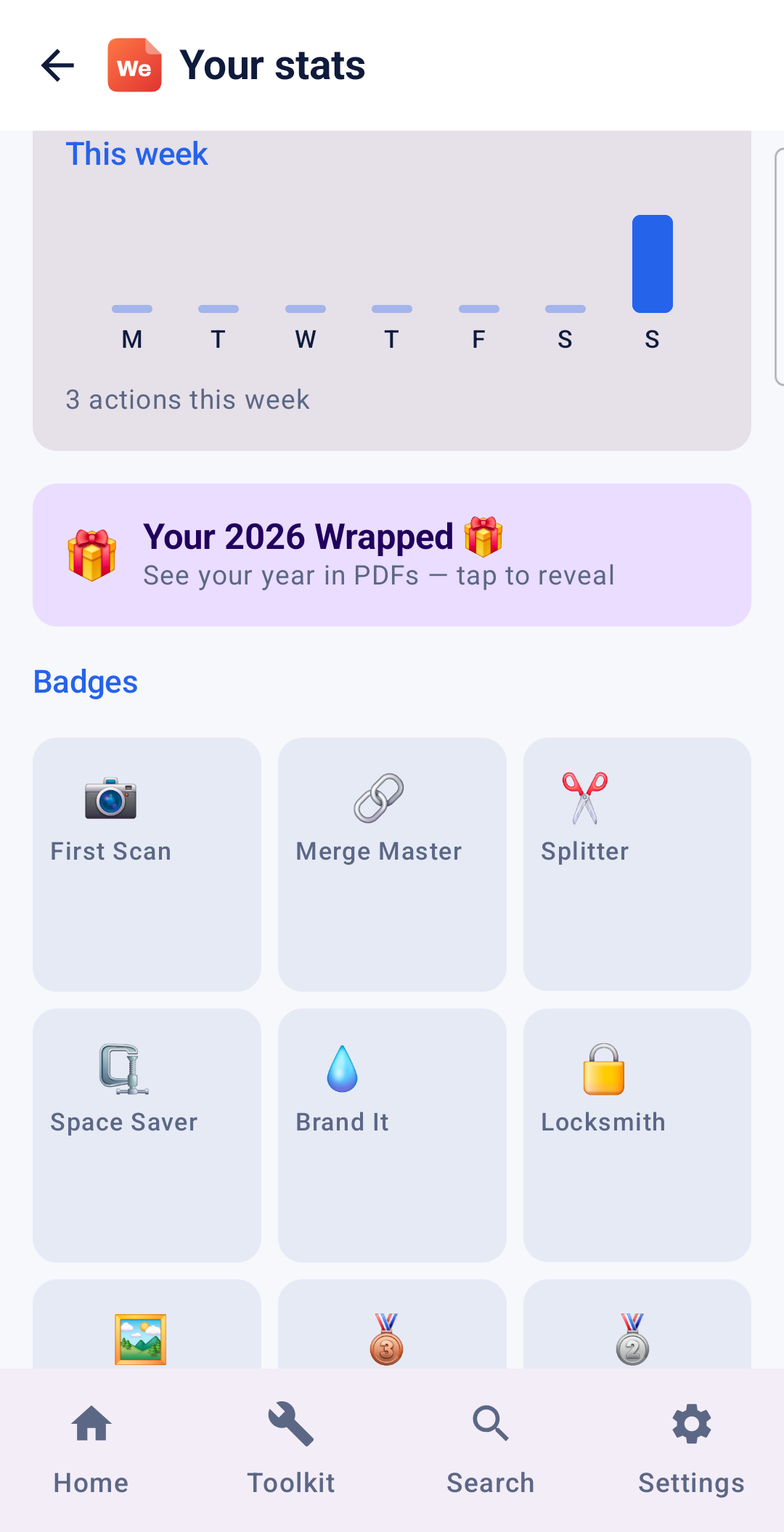 Your stats screen with the weekly chart, Wrapped recap, and badges