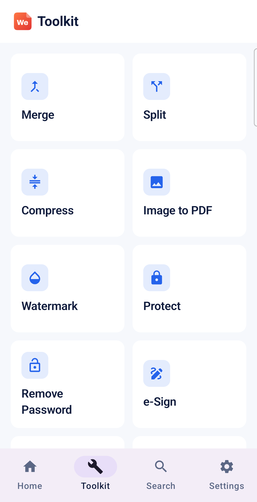 The Toolkit grid of PDF tools