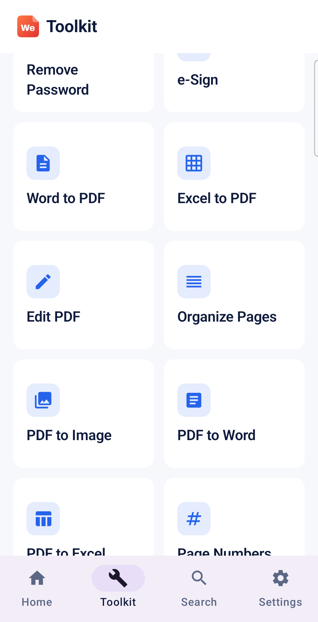 More Toolkit tools: Word to PDF, Excel to PDF, Edit PDF, Organize Pages, and PDF conversions